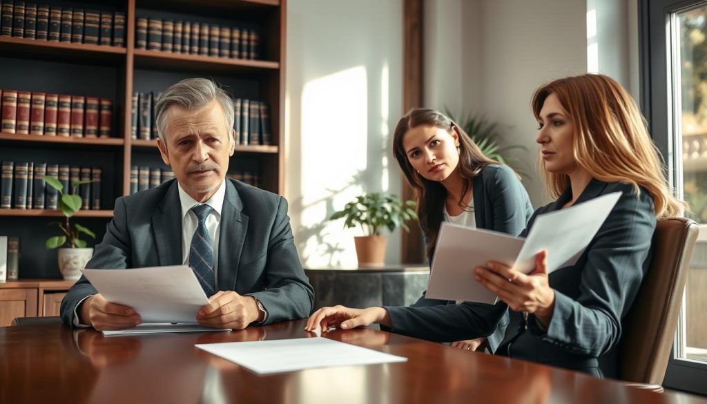 A family law attorney consulting with a client in a professional office setting. In the foreground, a middle-aged male attorney in a tailored suit, looking attentive and engaging, is seated at a polished wooden desk. His expression is focused as he reviews legal documents. The client, a woman in her thirties in business attire, leans slightly forward, displaying curiosity and concern. The middle ground shows shelves lined with law books and a potted plant, creating a welcoming atmosphere. In the background, a large window lets in soft natural light, casting gentle shadows across the room. The mood is professional, yet warm, emphasizing trust and support in legal matters. The camera angle is slightly elevated to capture both faces clearly.