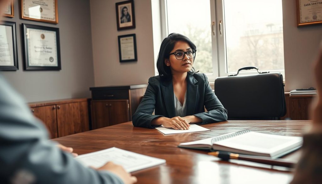 A professional attorney in a modern office setting, offering legal services related to domestic violence. In the foreground, the attorney, a South Asian woman, is seated at a polished wooden desk, wearing a smart blazer and glasses, looking attentively at a client. The middle ground features legal documents and a briefcase, symbolizing the consultation on legal matters. A window in the background lets in soft, natural light, creating a warm and inviting atmosphere. The walls are adorned with framed legal certifications, enhancing the professional tone. The mood is supportive and empowering, reflecting the seriousness of accessing legal services for domestic violence. The composition is shot at eye level using a portrait lens to emphasize the attorney-client interaction.