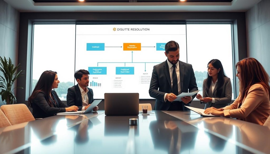 A professional business dispute resolution process scene, foreground featuring a diverse group of three business professionals in smart business attire, engaged in a collaborative discussion at a sleek conference table. They are examining documents and a laptop, emphasizing teamwork and negotiation. The middle layer shows a large wall-mounted screen displaying a flowchart of the dispute resolution steps, incorporating visuals of mediation and arbitration phases. The background includes a modern office with large windows allowing natural light to flood the room, enhancing a productive atmosphere. Soft, diffused lighting casts a warm glow, while the angle captures the scene from a slightly elevated viewpoint, creating an inclusive and dynamic environment, embodying a sense of resolution, professionalism, and cooperation.