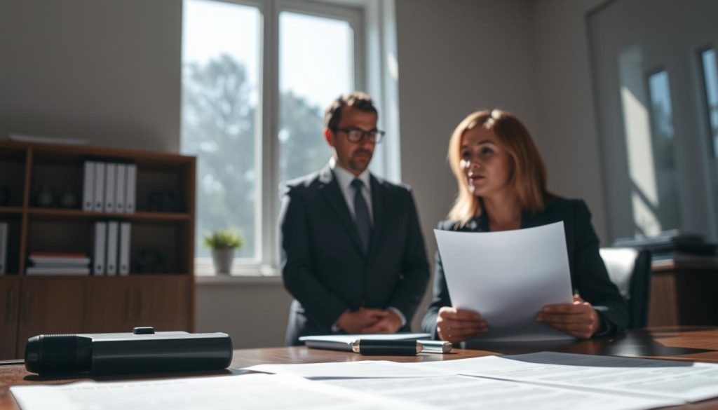 A professional office environment depicting a mediator’s desk in the foreground, with documents detailing alimony agreements spread across it. In the middle ground, two individuals in professional business attire—a man and a woman—are engaged in a serious discussion, their expressions reflecting concern and determination. In the background, a large window allows natural light to flood the room, casting soft shadows and creating an atmosphere of focus and urgency. The overall mood should convey the weight of financial responsibilities and the process of enforcement in spousal support matters. The image should be well-lit, utilizing a slight depth of field to emphasize the central figures while maintaining a soft focus on the office environment.
