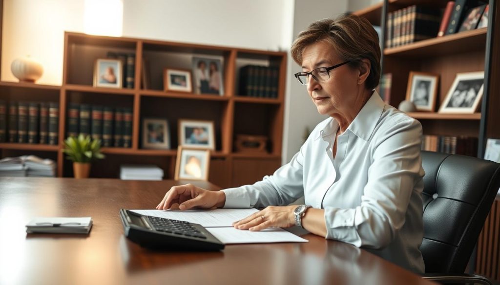 A professional office setting featuring a focused adoption attorney, a middle-aged person in business attire, seated at a sleek wooden desk covered with adoption-related documents and a calculator. In the background, there are shelves filled with legal books and family photographs symbolizing the joy of adoption. The lighting is warm and inviting, with soft natural light streaming through a window, creating a sense of approachability and trust. The angle captures both the attorney's thoughtful expression as they analyze costs and the surrounding details that evoke a professional yet compassionate atmosphere. The overall mood conveys competence, support, and the emotional significance of adoption.