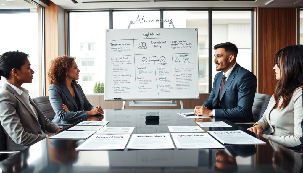 A professional setting is depicted in the foreground, featuring a diverse group of three individuals in business attire discussing various types of alimony arrangements around a sleek conference table. Each individual represents different demographics to illustrate inclusivity. On the table, there are neatly arranged documents labeled “Temporary Alimony,” “Rehabilitative Alimony,” and “Permanent Alimony,” visually capturing the essence of their conversation. In the middle ground, a large whiteboard is filled with diagrams and bullet points outlining key alimony concepts, emphasizing the focus on legal nuances. The background features a modern office with large windows, allowing soft, natural light to illuminate the scene, creating a warm and professional atmosphere. The angle is slightly elevated, giving an overview of the interaction while maintaining a sense of intimacy in the discussion.