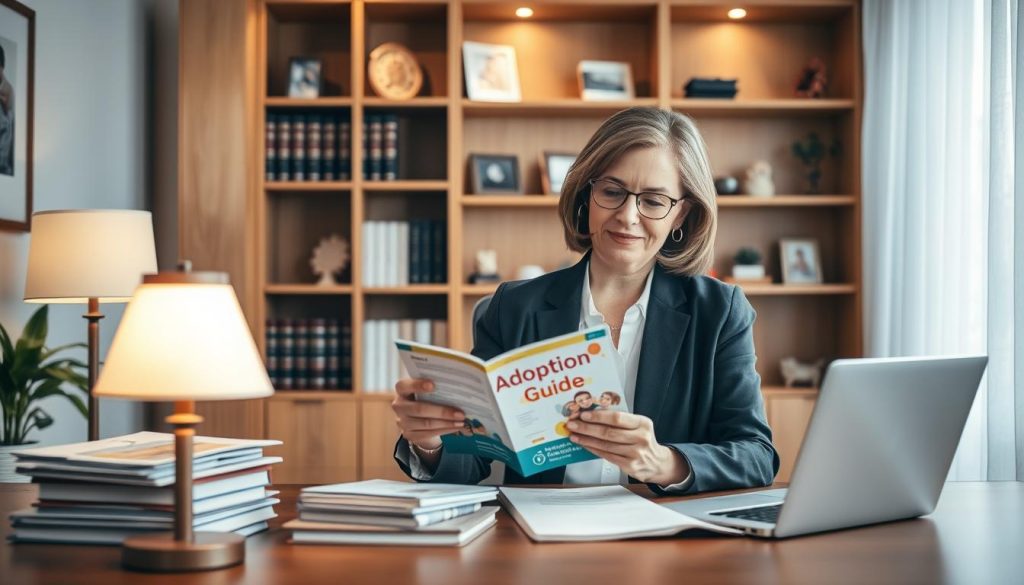 A serene office setting featuring a confident adoption attorney, a middle-aged woman, wearing professional business attire, seated at a desk stacked with legal documents, adoption guides, and a laptop. In the foreground, a softly glowing lamp casts warm light over the desk, highlighting the attorney as she reviews a colorful brochure titled "Adoption Guide." The middle ground shows warm wooden bookshelves filled with legal books and child-related decor, symbolizing hope and family. The background includes a large window with soft natural light filtering through sheer curtains, evoking a sense of calmness and professionalism. The overall atmosphere is supportive and informative, designed to convey expertise and warmth in the context of adoption.