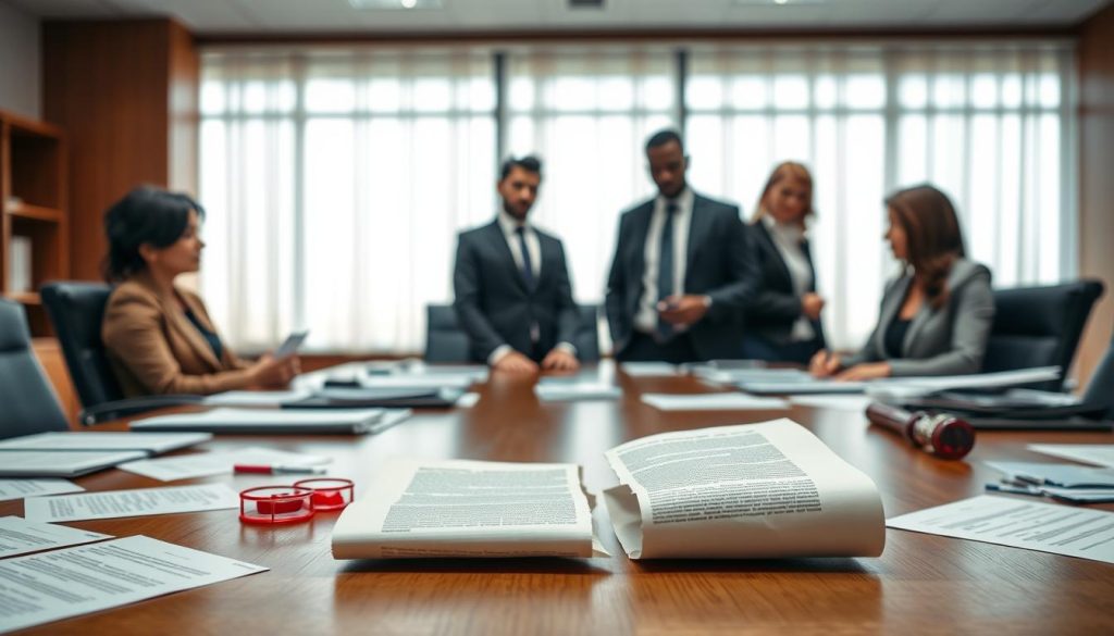 A solemn office setting with a wooden boardroom table at the center, adorned with scattered legal documents, red-ink stamps, and a broken contract in the foreground. In the middle ground, a diverse group of business professionals in smart business attire – a woman of Asian descent, a man of Black descent, and a Caucasian woman – engage in a serious discussion, their expressions reflecting concern. At the back, large windows allow soft, natural light to filter in, casting subtle shadows and creating an atmosphere of tension and decision-making. The focus is on the broken contract, symbolizing termination, with a blurred background highlighting the urgency of contract defenses and strategies. The composition captures a mix of chaos and professionalism, emphasizing the critical moment of contract termination.