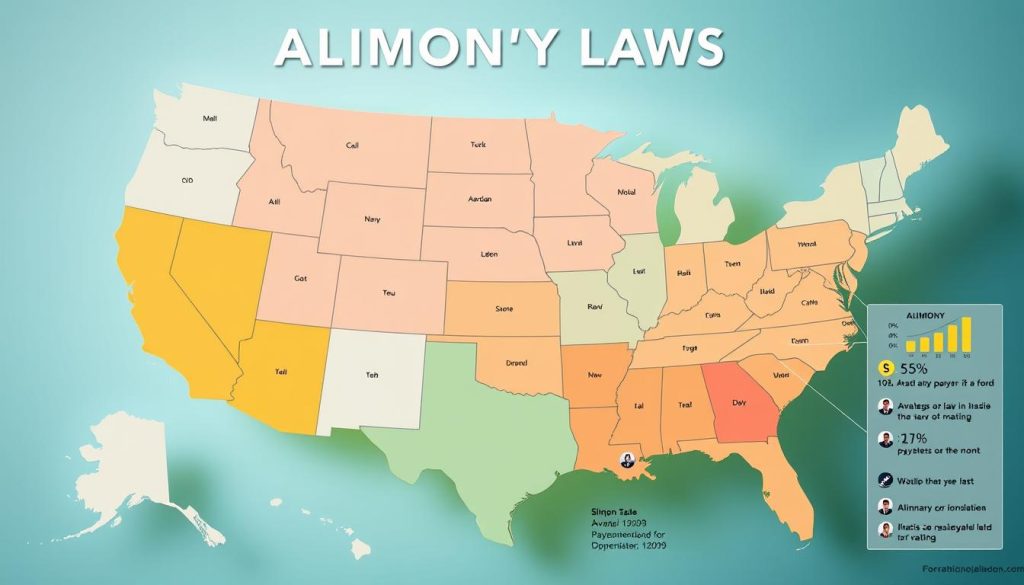 A visually informative map of the United States, illustrating alimony laws across different states. In the foreground, state boundaries are clearly defined with distinct colors representing varying alimony regulations. On one side, include professional individuals in business attire discussing the laws, symbolizing expertise. In the middle ground, infographics depict key statistics about alimony, such as average payment durations and amounts for different states, using simple icons and charts. The background features a subtle gradient of blue and green, enhancing the overall clarity of the map while suggesting a calm, professional atmosphere. Soft lighting highlights regions of interest, with a focus on states that have unique alimony laws. The composition is balanced, creating an engaging yet educational visual representation of the topic.