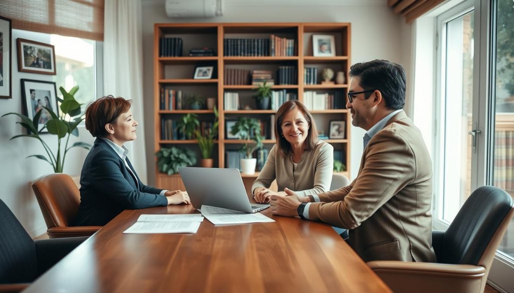 A warm, inviting office setting that conveys professionalism and support. In the foreground, a diverse group of two adults sitting around a table, dressed in smart casual clothing, engaged in a serious but empathetic discussion about child custody plans. A small stack of documents and a laptop lies between them, suggesting a collaborative effort. In the middle ground, a large window allows soft, natural light to fill the space, illuminating a cozy arrangement with houseplants and family photos on the walls, symbolizing familial love. The background features a bookshelf filled with legal books, enhancing the ambiance of expertise and stability. The overall mood is one of reassurance and focus, reflecting the importance of effective parenting plans in child custody discussions.