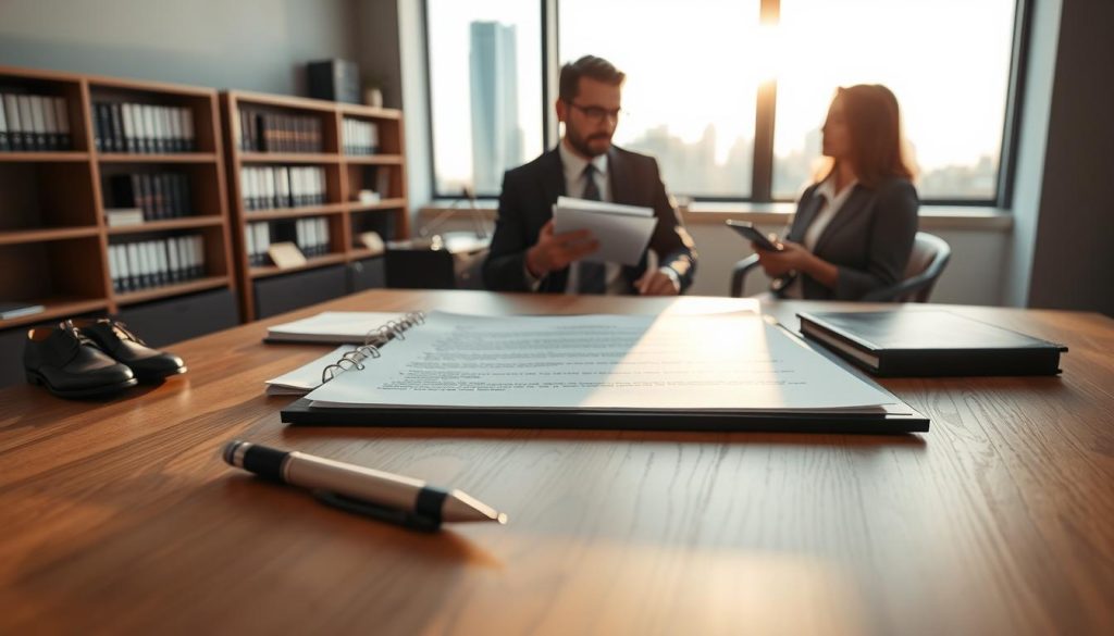 A well-lit office scene showcasing the key elements of a contract. In the foreground, a wooden table holds a neatly organized contract document with a pen and a legal notepad. Nearby, a pair of professional business shoes and a briefcase add to the corporate atmosphere. The middle ground features a pair of individuals in professional attire—one reviewing the contract and the other discussing key points. They appear engaged and focused, highlighting collaboration in contract formation. In the background, a modern bookshelf filled with legal books and a window revealing a city skyline bathed in natural light, creating a calm and serious mood. Use soft, warm lighting to enhance the professional atmosphere, capturing a sense of importance and clarity in the world of contract law.