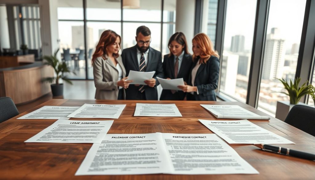 A well-organized office scene illustrating various types of contracts. In the foreground, a wooden table displays several contract documents, including a lease agreement, a sales contract, a partnership agreement, and an employment contract, all neatly arranged. In the middle ground, a diverse group of four professionals in business attire engage in a discussion, examining the contracts with focused expressions. The background features a bright, modern office environment with a large window showcasing a cityscape, casting soft natural light across the scene. The overall mood is serious yet collaborative, emphasizing clarity and professionalism in contract law. The image should be taken from a slightly elevated angle, providing a comprehensive view of the action without any text or distractions.